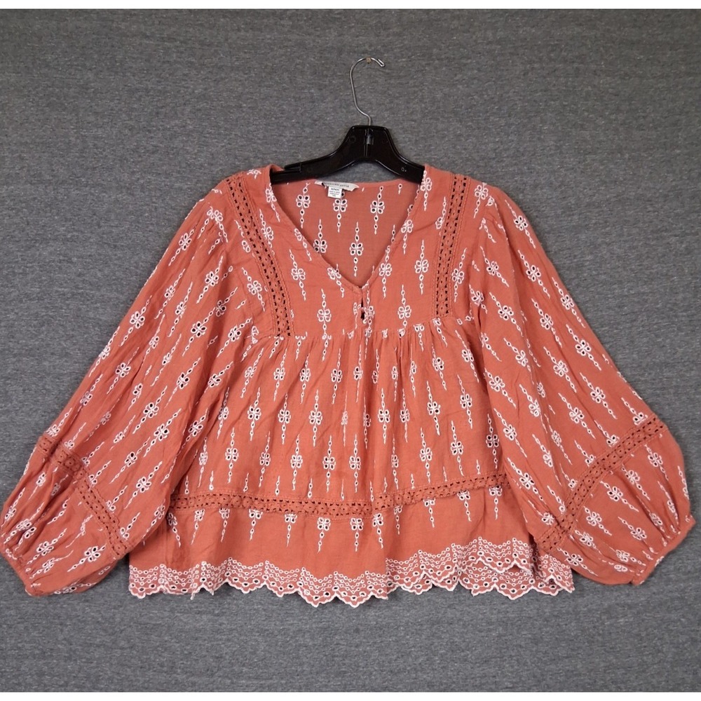 American Eagle Womens Shirt Brown Eyelet Embroidered Peasant Prairie Cottage